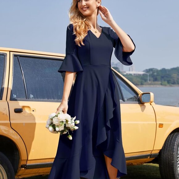 Women's Wedding Guest Dress Elegant Formal Cocktail Bell Sleeve Dress for Prom H - Picture 3 of 7